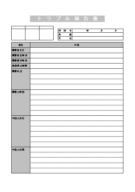 トラブル報告書 レポート 障害 不具合 不良 異常 インシデント報告書 の書き方 例文 文例 書式 様式 フォーマット 雛形 ひな形 テンプレート05 表形式 エクセル Excel It システムトラブル 文書 テンプレートの無料ダウンロード