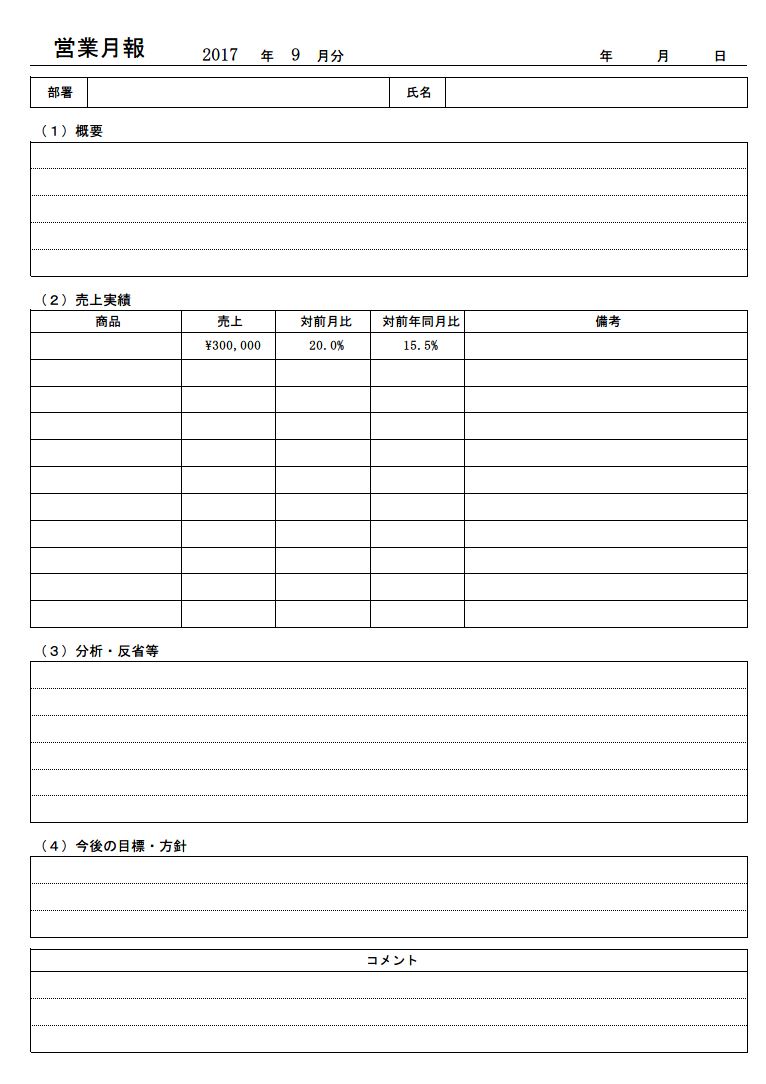 営業月報 月間営業報告書 販売業務月報 の作り方 書き方 書式 様式 フォーマット 雛形 ひな形 無料 テンプレート 表形式 エクセル Excel 03 詳細 文書 テンプレートの無料ダウンロード