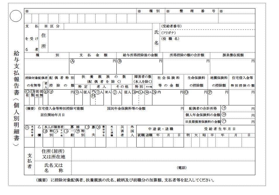 法定調書 給与支払報告書 個人別明細書 のテンプレート01 ａ４で１枚タイプ 切り取り線あり エクセル Excel 文書 テンプレートの無料ダウンロード