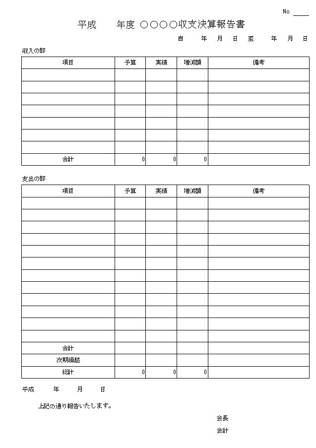 収支報告書 収支決算書 収支決算報告書 会計報告書の書き方 作り方 書式 様式 フォーマット 雛形 ひな形 見本 サンプル テンプレート 無料 04 社内 町内会 自治会その他一般 シンプル 実用タイプ エクセル Excel 文書 テンプレートの無料